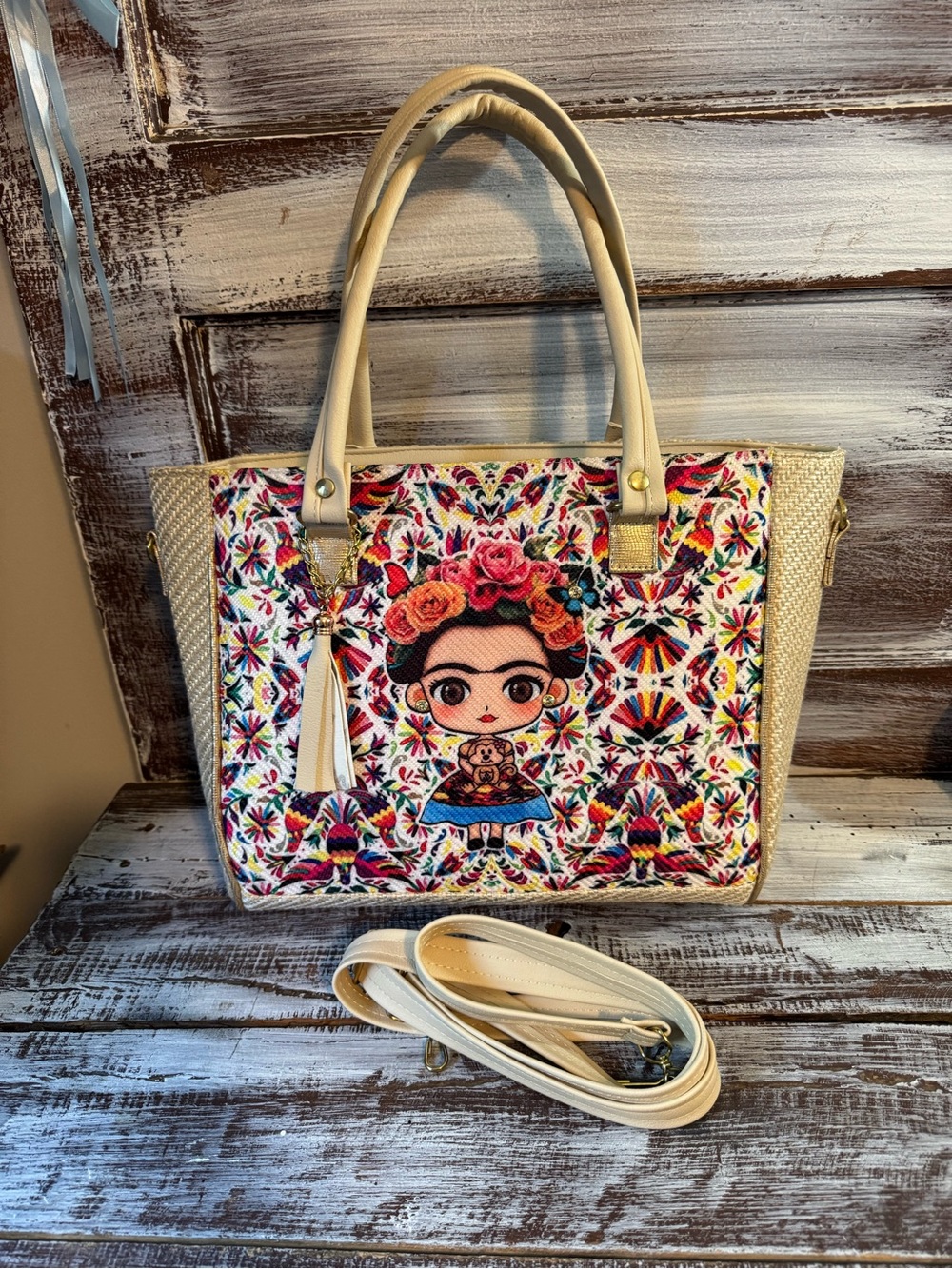 Frida Floral Embroidered Tote Bag in Cream